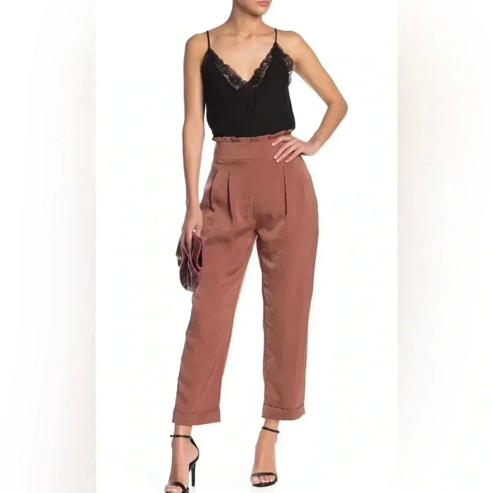 Line & Dot Ali Paperbag Waist Cropped Satin Trouser Pants in Terracotta Size Med